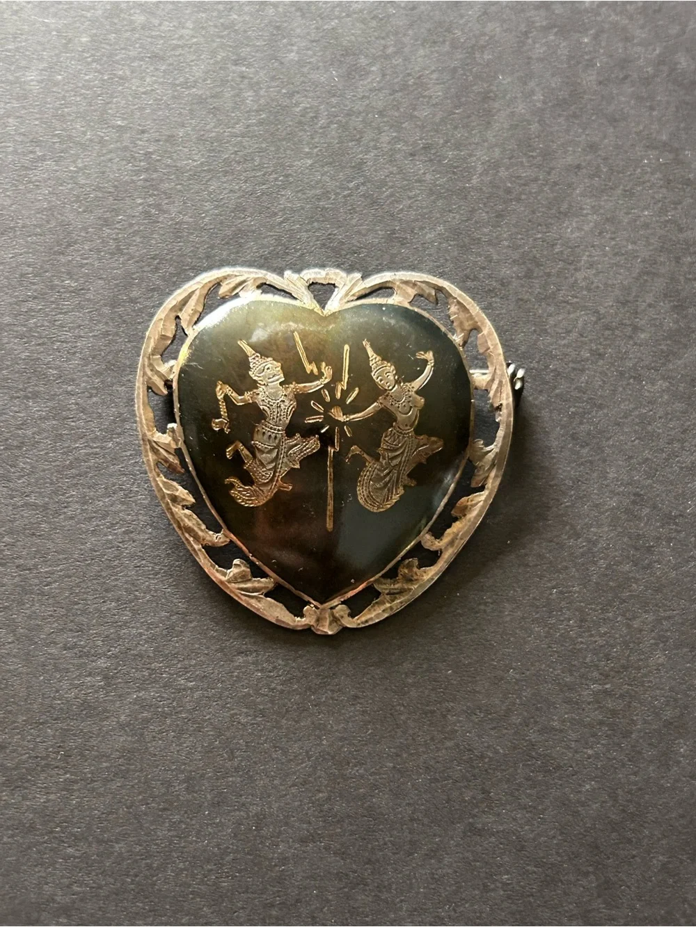 Vintage Siam Sterling Silver Nielloware Heart Brooch Pin